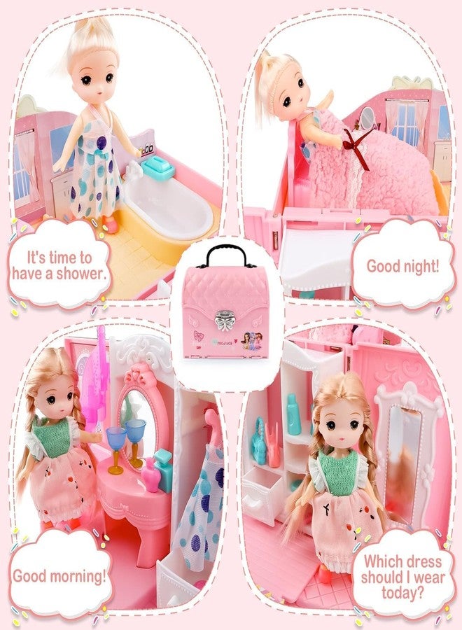 RABJET Kids Dollhouse Playset Portable Dollhouse Toy Girls Pretend Playhouse with Furniture & Figures 2 in 1 Playhouse Set Birthday Gifts for Age 3-6 Year Old Kindergarten Toddlers Preschoolers - Image 5